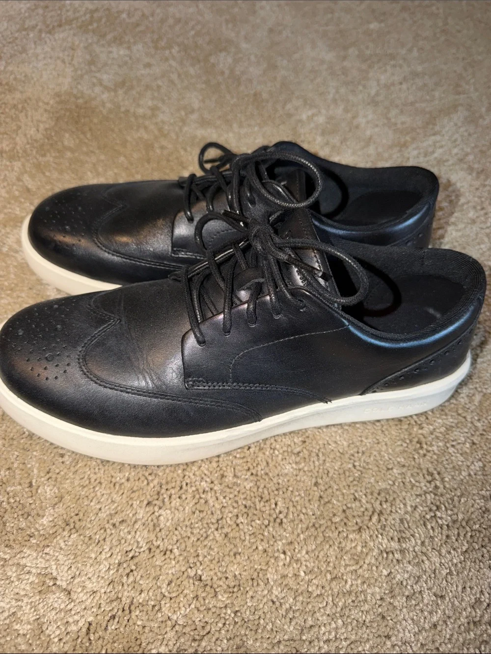 Cole Haan Black Leather Wingtip Derbys with White Soles